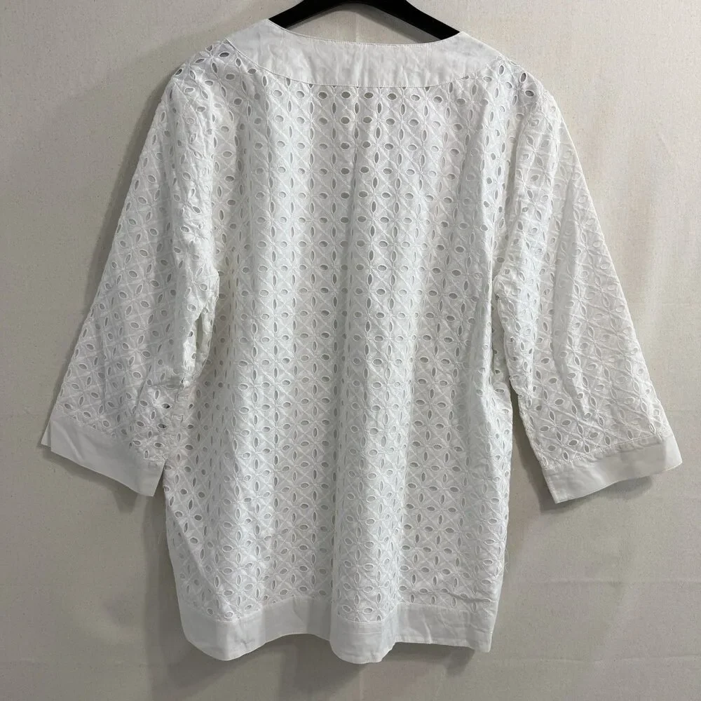 MICHAEL KORS White Cotton Eyelet Top 3/4 Sleeve Blouse Size 12 Tunic Women